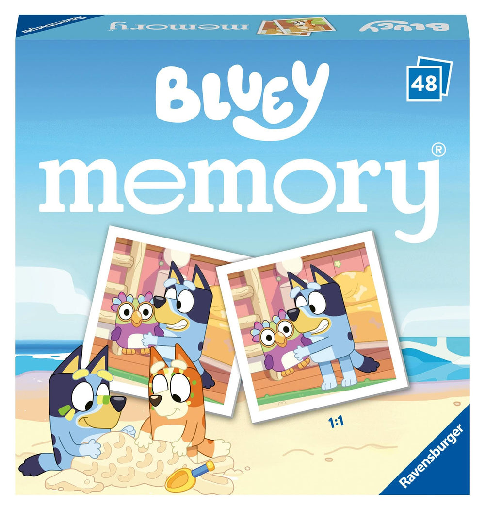 Ravensburger Bluey mini memory cards for kids—portable matching game to boost concentration and social play.
