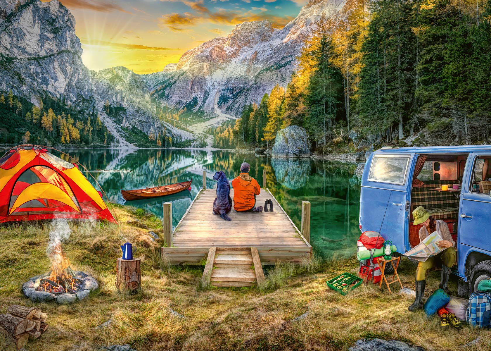Close-up of Ravensburger Calm Campsite puzzle pieces with unique interlocking shapes.
