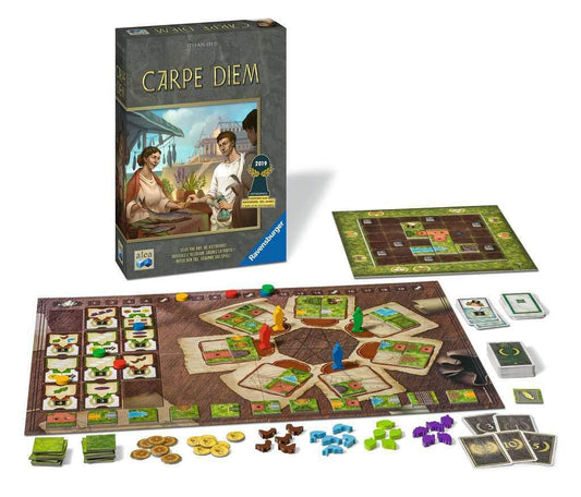Ravensburger Carpe Diem tiles and cards highlight resource management and scoring opportunities.