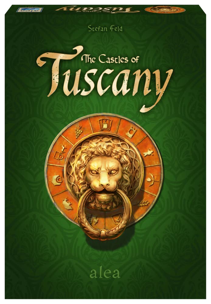 Ravensburger Castles of Tuscany player pieces resting on a colorful play area.