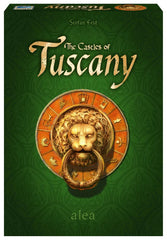 Ravensburger Castles of Tuscany player pieces resting on a colorful play area.