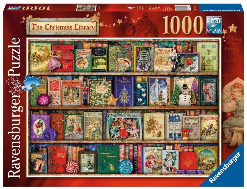 Ravensburger Christmas Library finished puzzle measures 70 x 50 cm for display.
