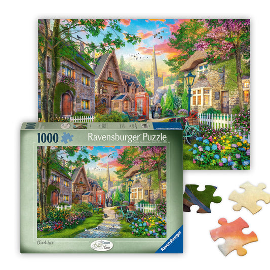 Ravensburger Church Lane puzzle scene, tranquil village street for mindful puzzling