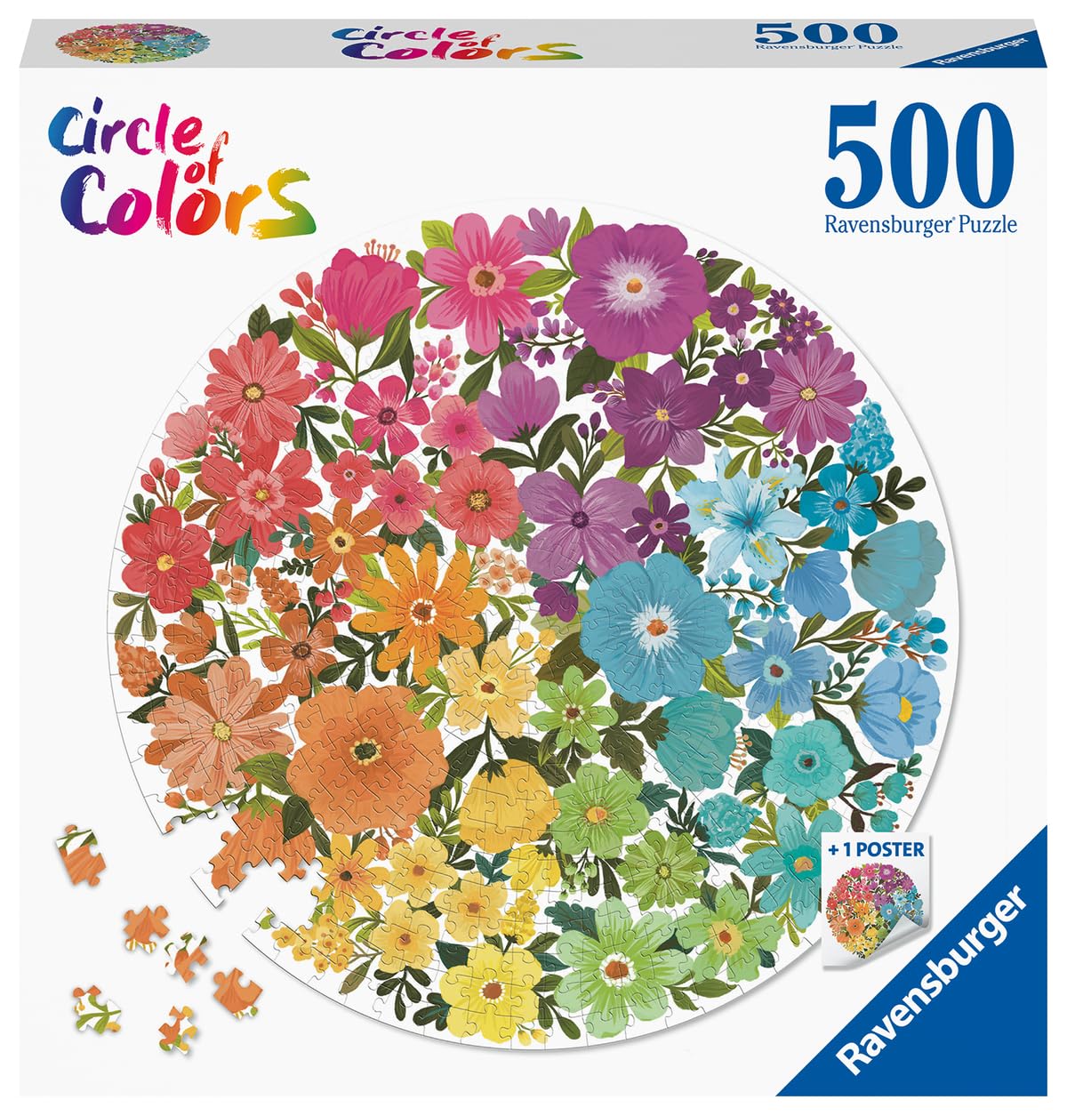 Ravensburger Circle of Colors: Flowers puzzle close-up pieces highlighting precise interlocking for satisfying assembly.