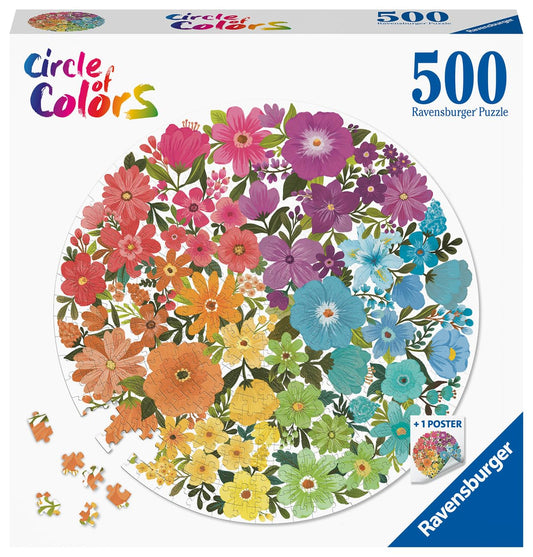 Ravensburger Circle of Colors: Flowers puzzle close-up pieces highlighting precise interlocking for satisfying assembly.