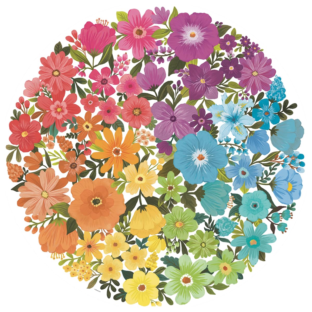 Ravensburger Circle of Colors: Flowers puzzle top view highlighting vibrant, glare-free colors for relaxing play.