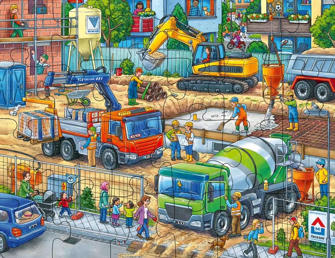Ravensburger Construction Site frame puzzle with cranes to boost focus and problem solving for kids