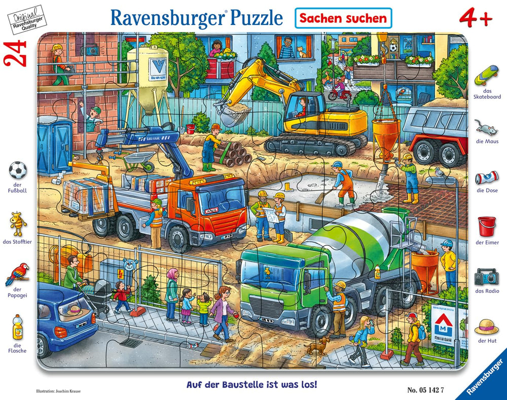 Ravensburger Construction Site frame puzzle featuring trucks for early puzzle practice and hand eye coordination