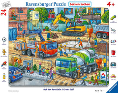 Ravensburger Construction Site frame puzzle featuring trucks for early puzzle practice and hand eye coordination