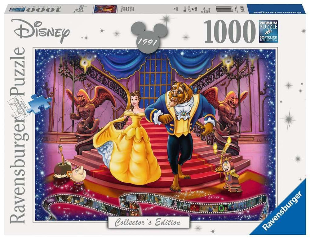 Ravensburger Disney Beauty and the Beast 1000-piece puzzle shows Belle and Beast dancing, ideal for relaxing evenings.