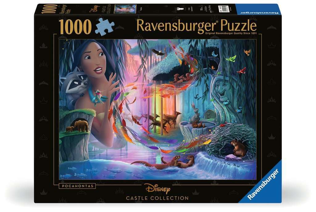 Ravensburger Pocahontas 1000-piece puzzle image revealing vibrant Disney castle scene for focused relaxation.