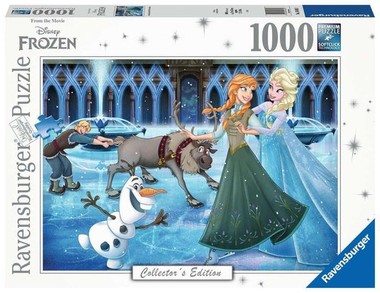 Ravensburger Disney Frozen 1000-piece puzzle featuring Elsa and Anna with vibrant glare-free imagery for family nights.
