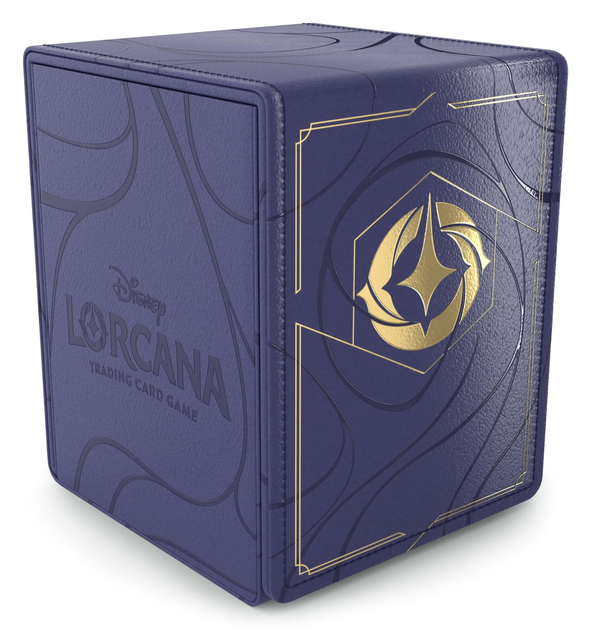Ravensburger Disney Lorcana deck box with foil embellishments protects sleeved cards on the go.