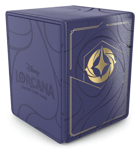 Ravensburger Disney Lorcana deck box with foil embellishments protects sleeved cards on the go.