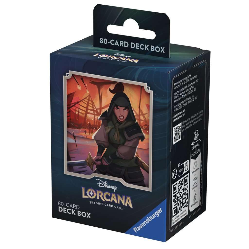 Ravensburger Disney Lorcana deck box Mulan cover safeguards up to 80 sleeved cards.