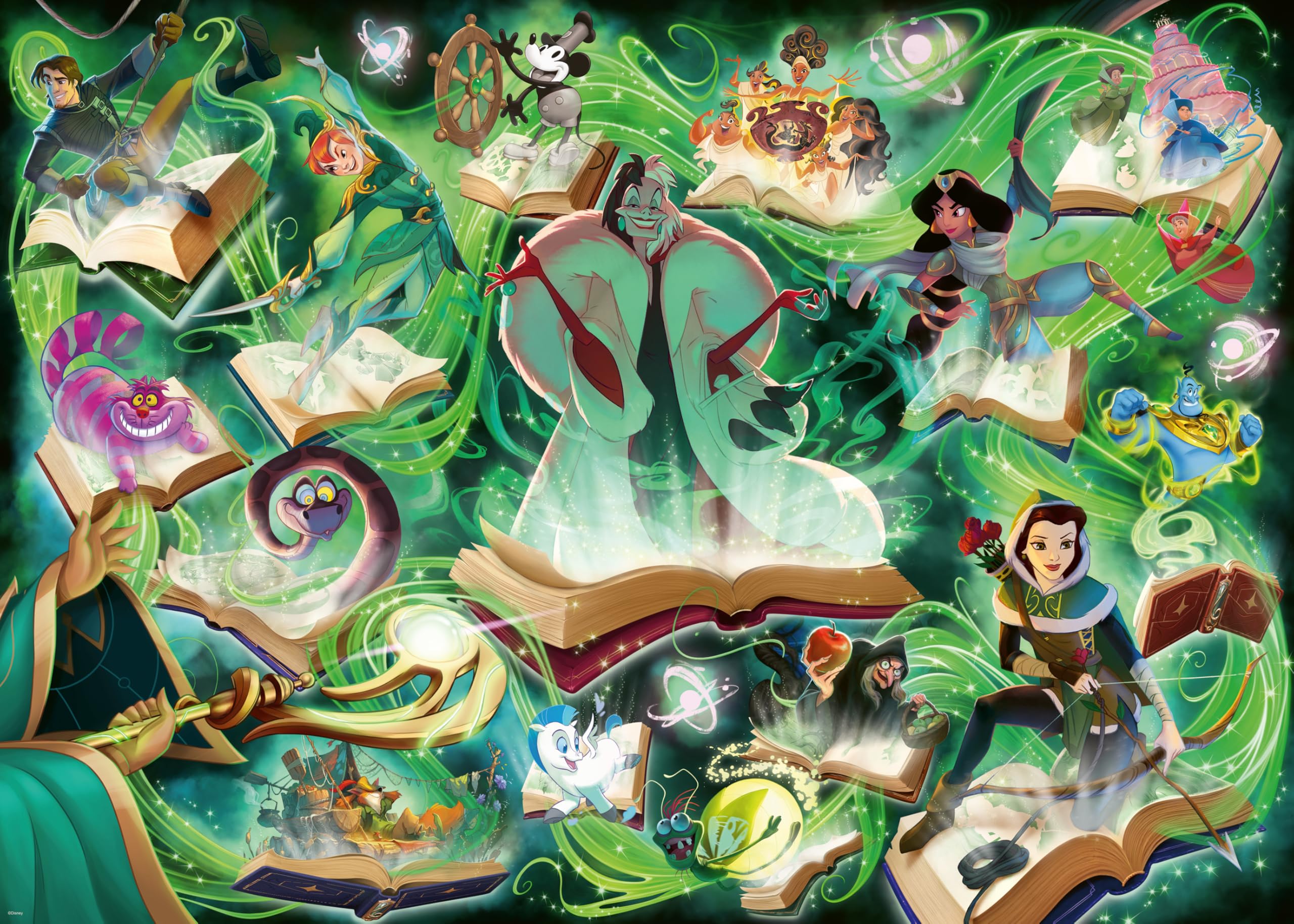 Ravensburger Disney Lorcana emerald glimmers cover—vibrant art for cozy family puzzle night.