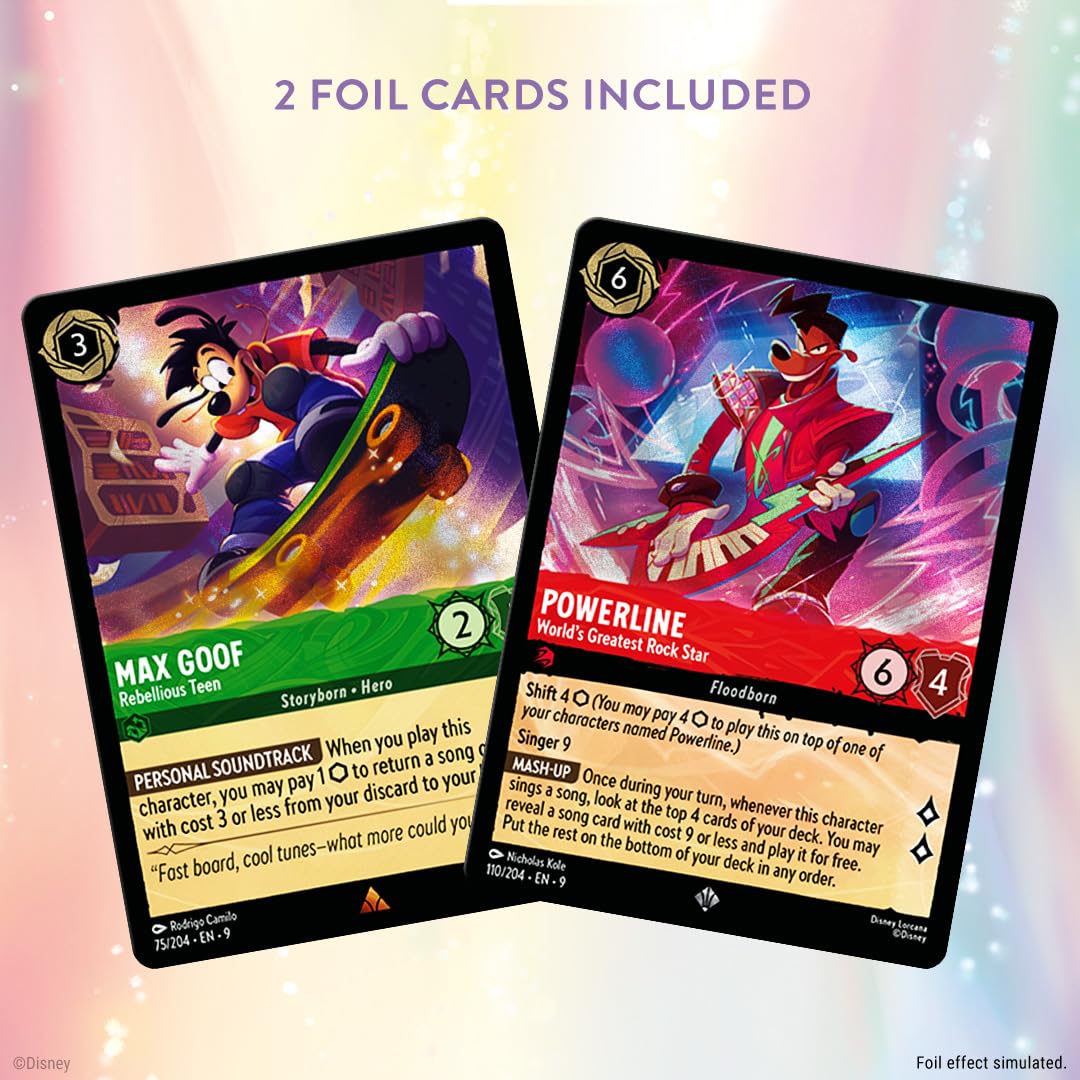 Ravensburger Disney Lorcana Fabled deck components layout highlighting included cards and boosters.