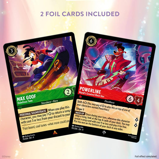 Ravensburger Disney Lorcana Fabled deck components layout highlighting included cards and boosters.