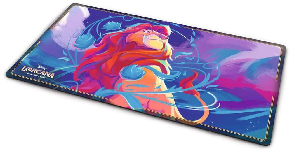 Ravensburger Mufasa playmat used as desk and mouse pad in a versatile setup.