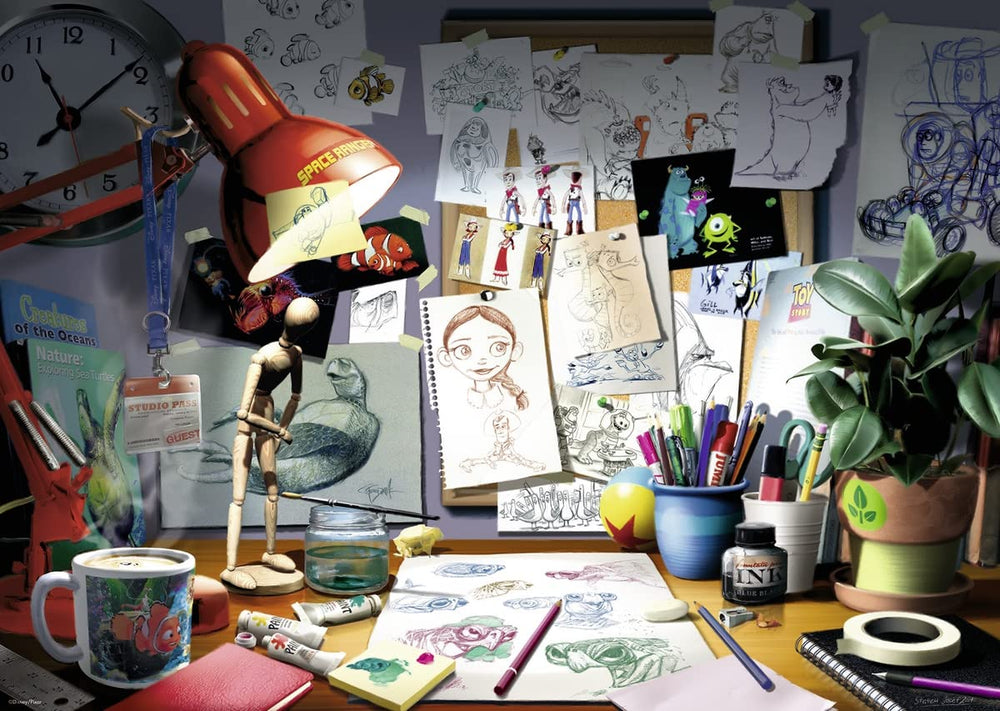 Ravensburger Disney Pixar The Artist's Desk puzzle cover with vibrant artwork for immersive puzzling sessions