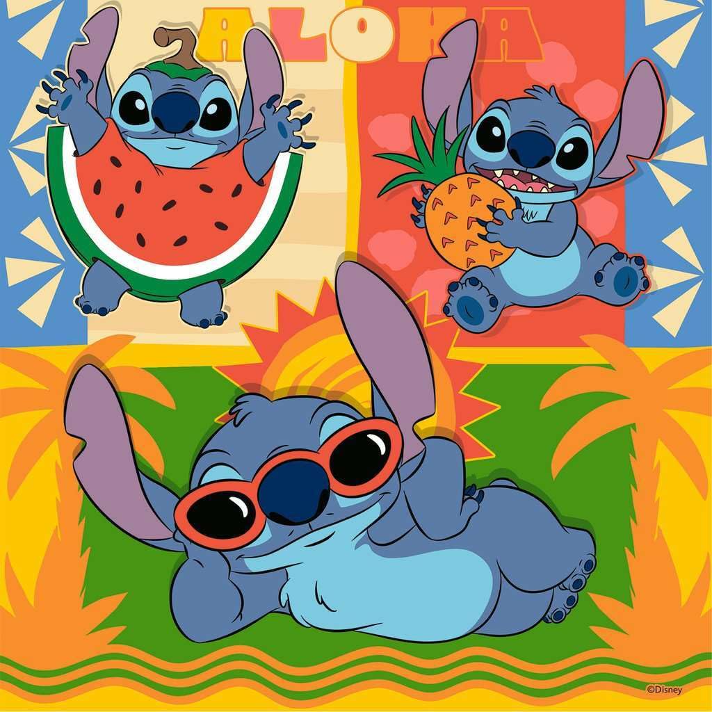 Ravensburger Disney Stitch Aloha completed puzzle displays colorful tropical scene.