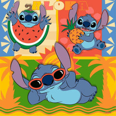 Ravensburger Disney Stitch Aloha completed puzzle displays colorful tropical scene.