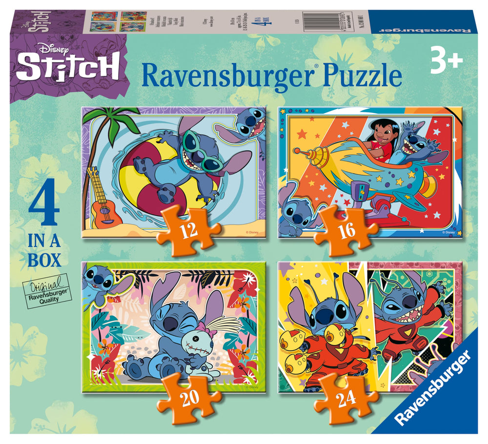 Ravensburger Disney Stitch puzzle box cover featuring Stitch, kid-friendly family activity.