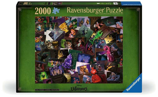 Ravensburger Disney Villainous 2000-piece puzzle cover with iconic villains for a premium puzzling experience
