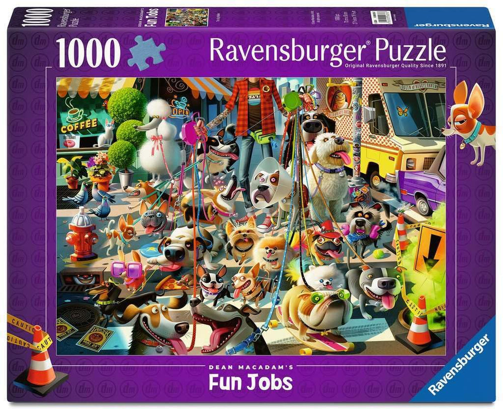 Ravensburger The Dog Walker: city street scene with dogs, perfect for relaxing puzzle time.