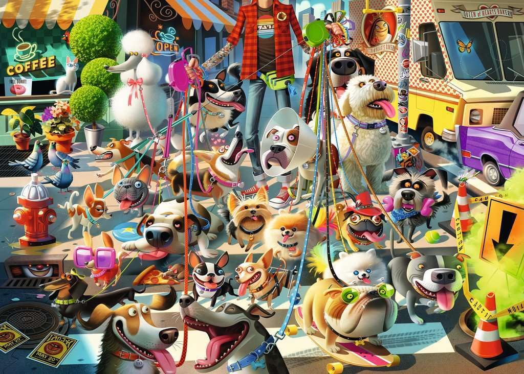 Ravensburger The Dog Walker: colorful companions scene supports mindful, screen-free family bonding.