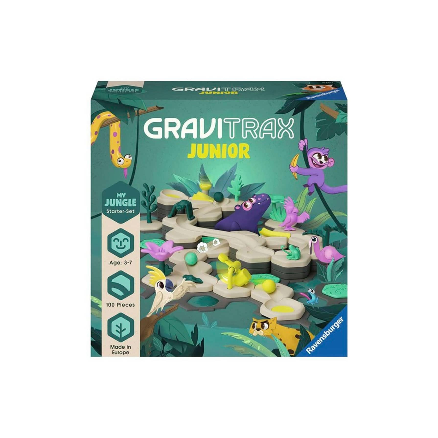 Ravensburger GraviTrax Junior bioplastic jungle pieces promote sustainable play.