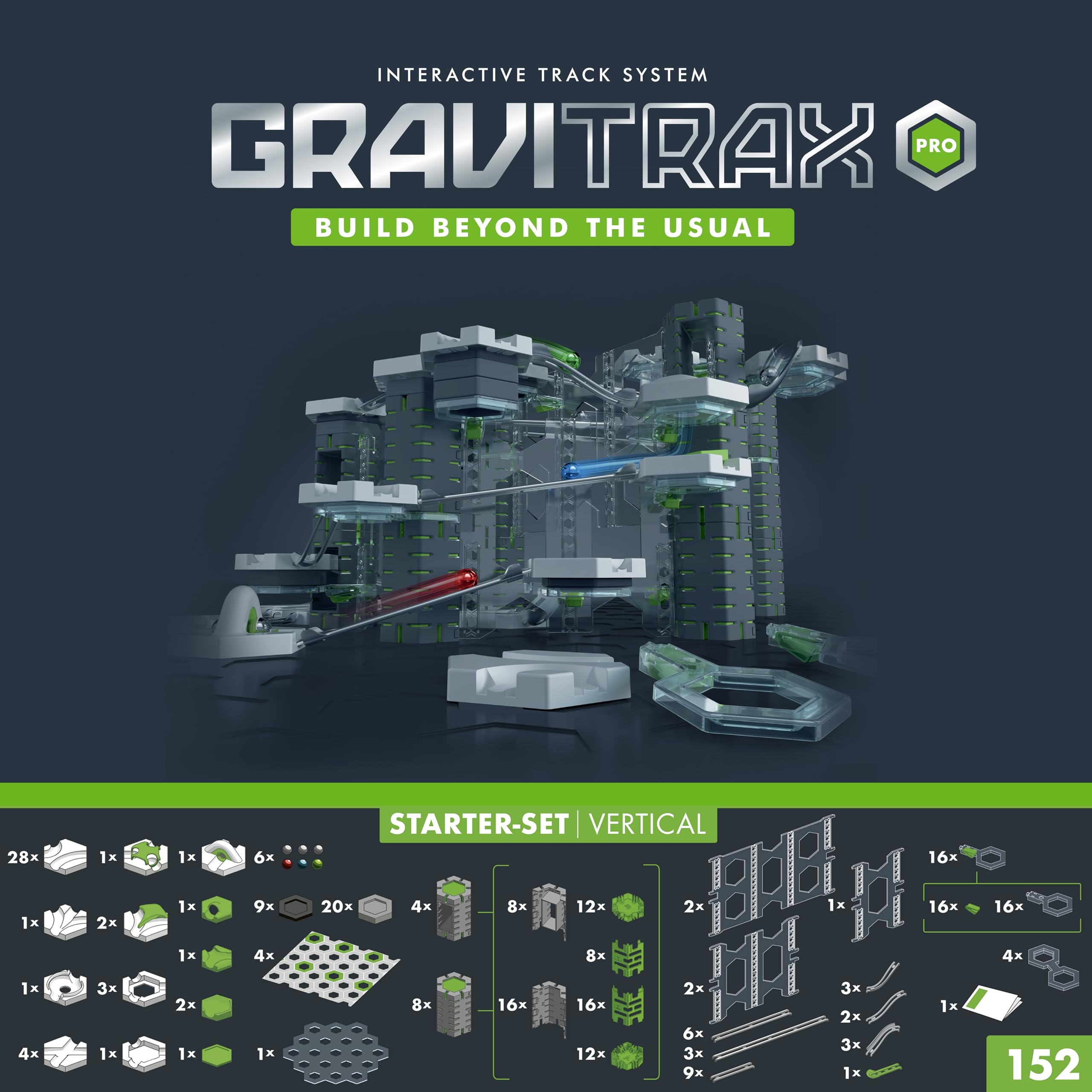 Ravensburger GraviTrax PRO Starter Set component pile offers varied building options