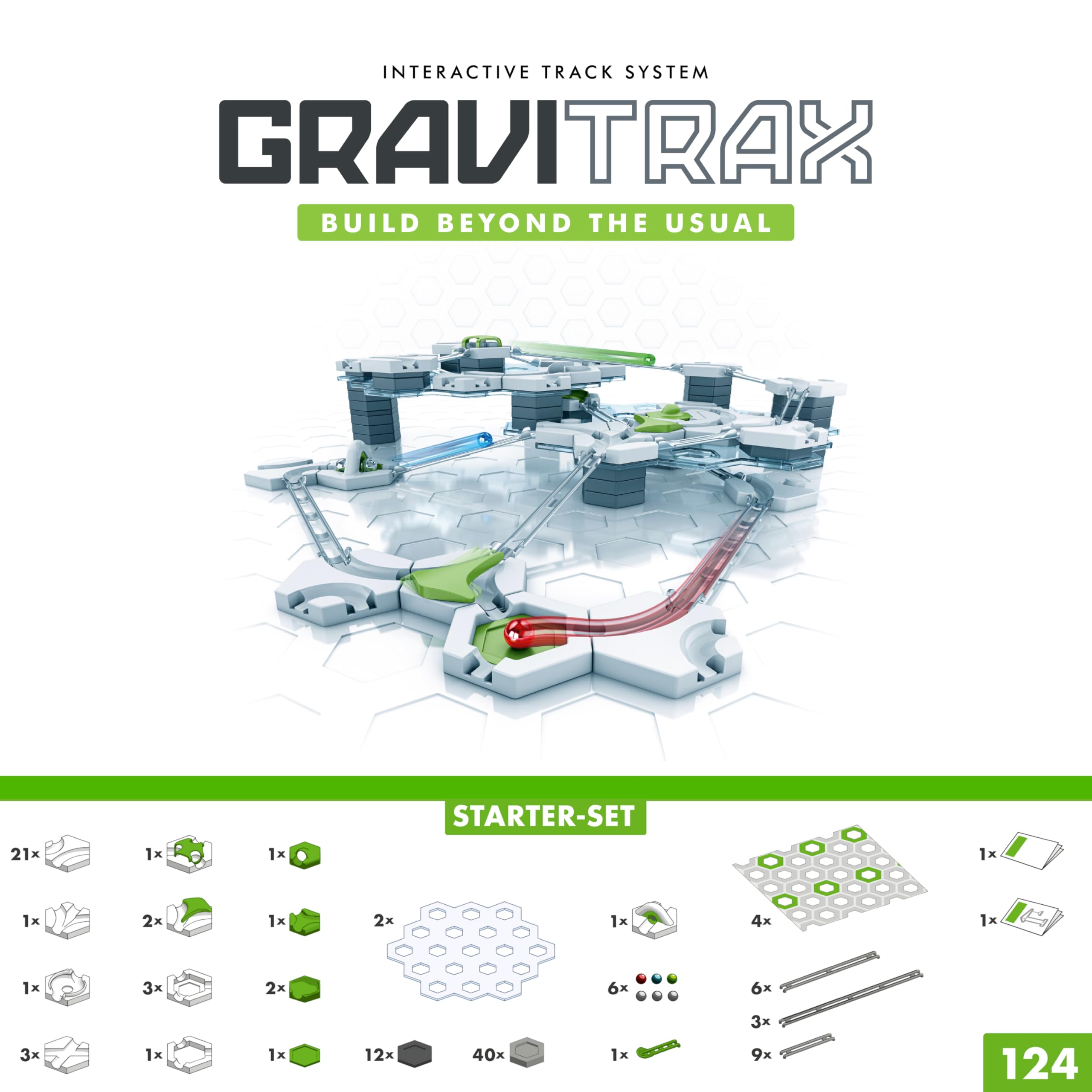 Ravensburger GraviTrax components laid out for creative build challenges.
