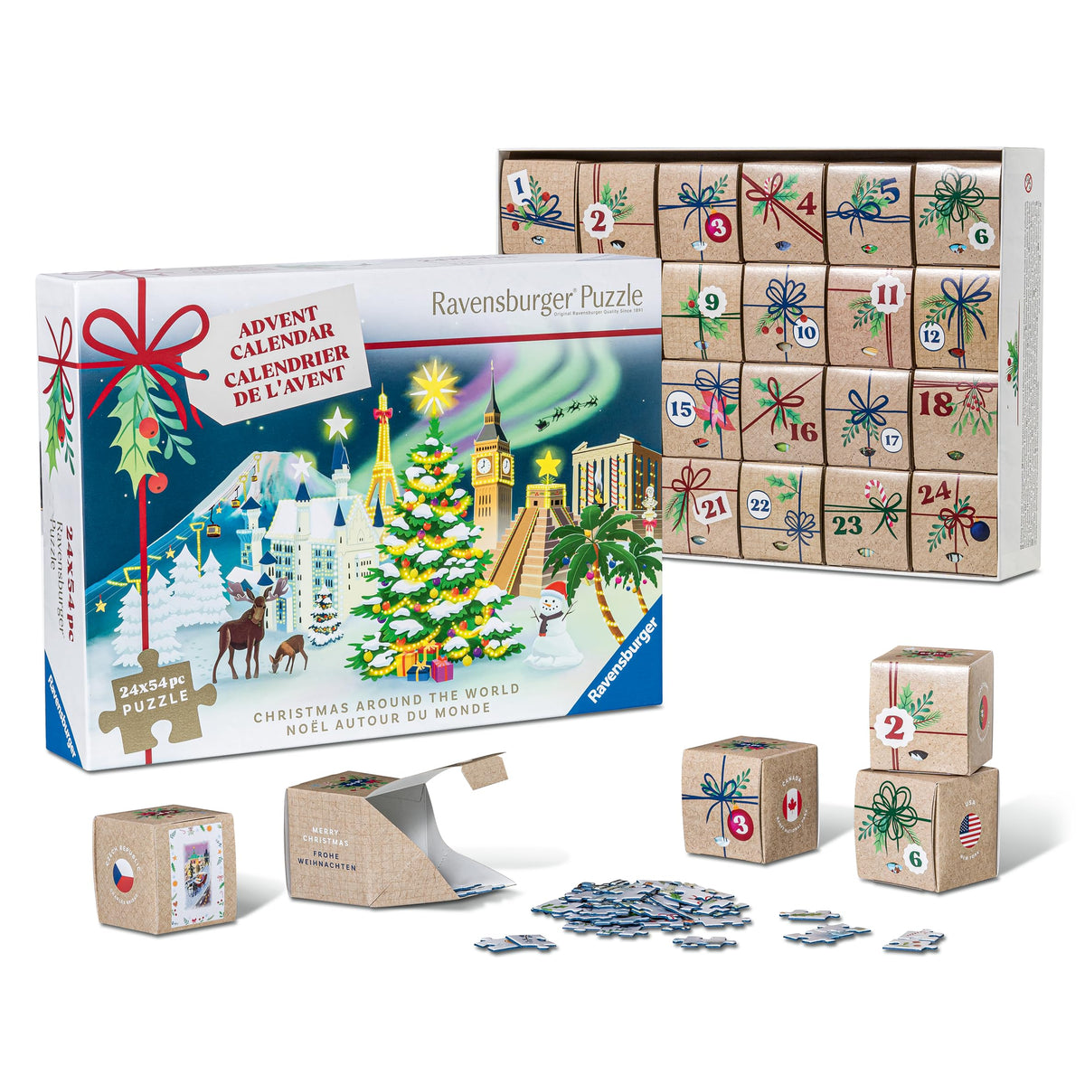 Ravensburger Holiday Puzzle Advent Calendar with 24 mini puzzles for daily festive moments.