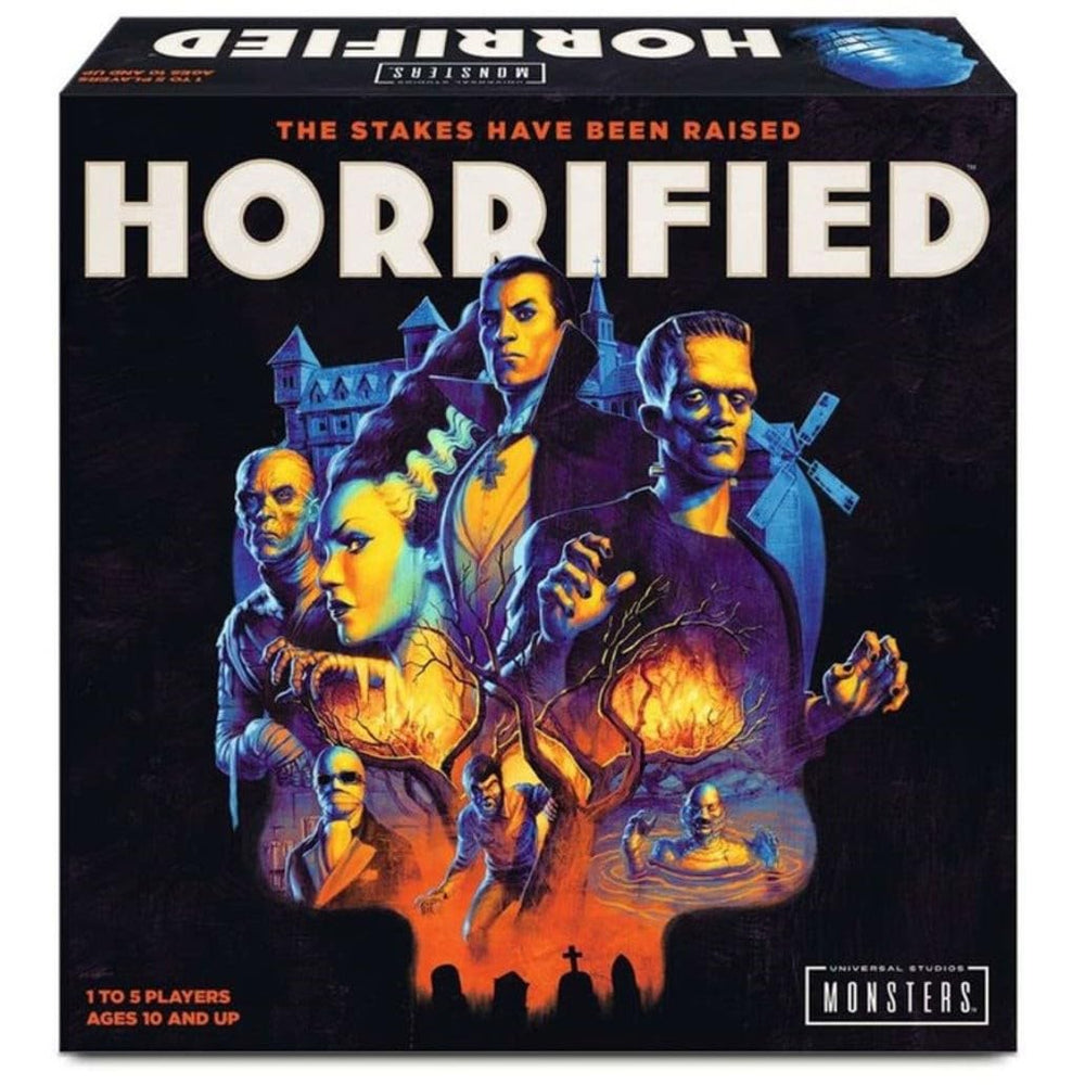 Ravensburger Horrified game box front showcases iconic Universal Monsters for family game night.