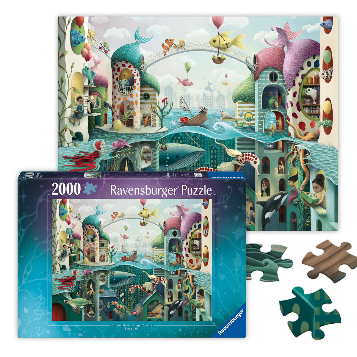 Ravensburger If Fish Could Walk 2000-piece puzzle cover, whimsical underwater scene for screen-free relaxation