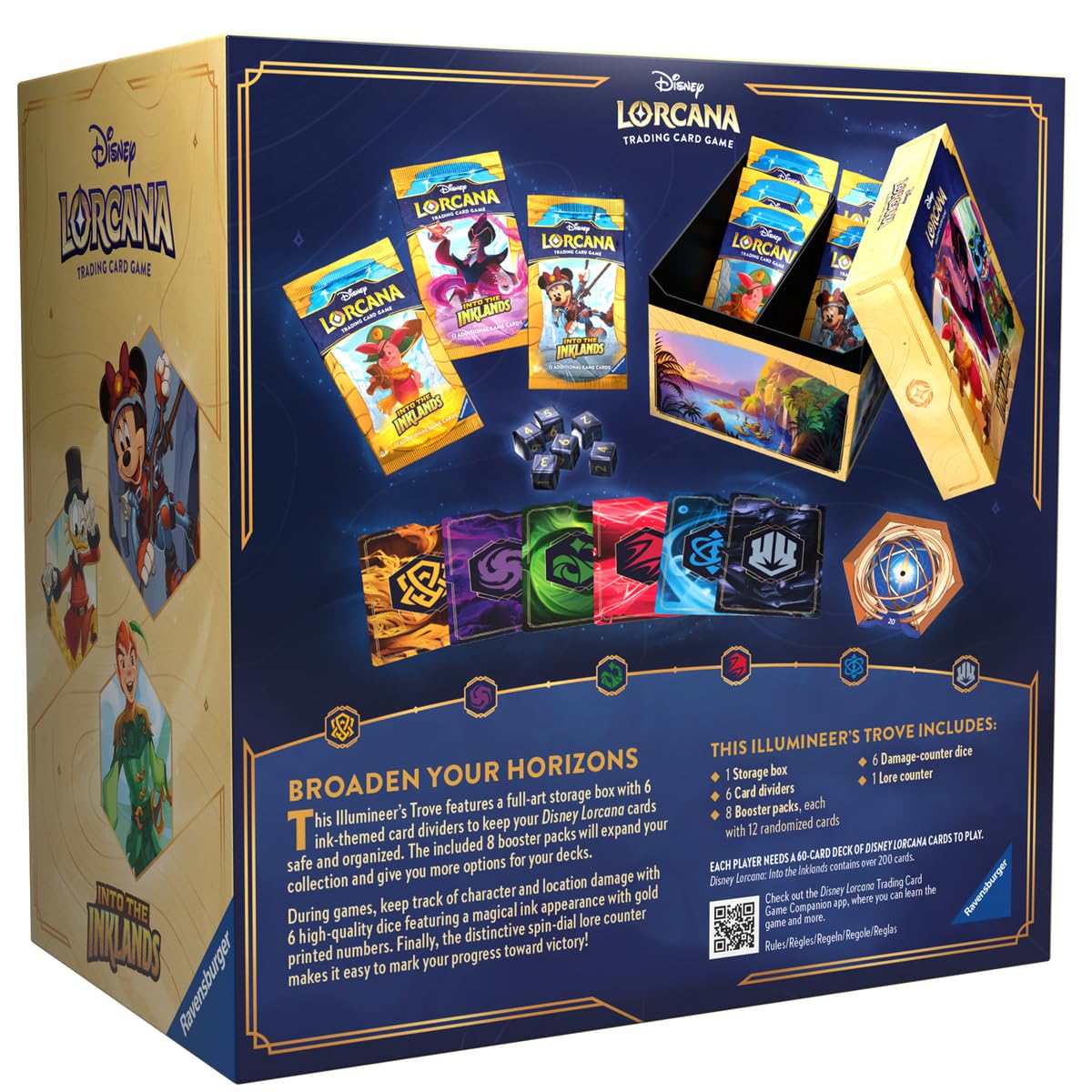 Ravensburger Inklands booster packs, dice, and lore counter enhance play immersion.