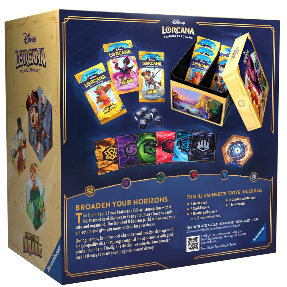 Ravensburger Inklands booster packs, dice, and lore counter enhance play immersion.