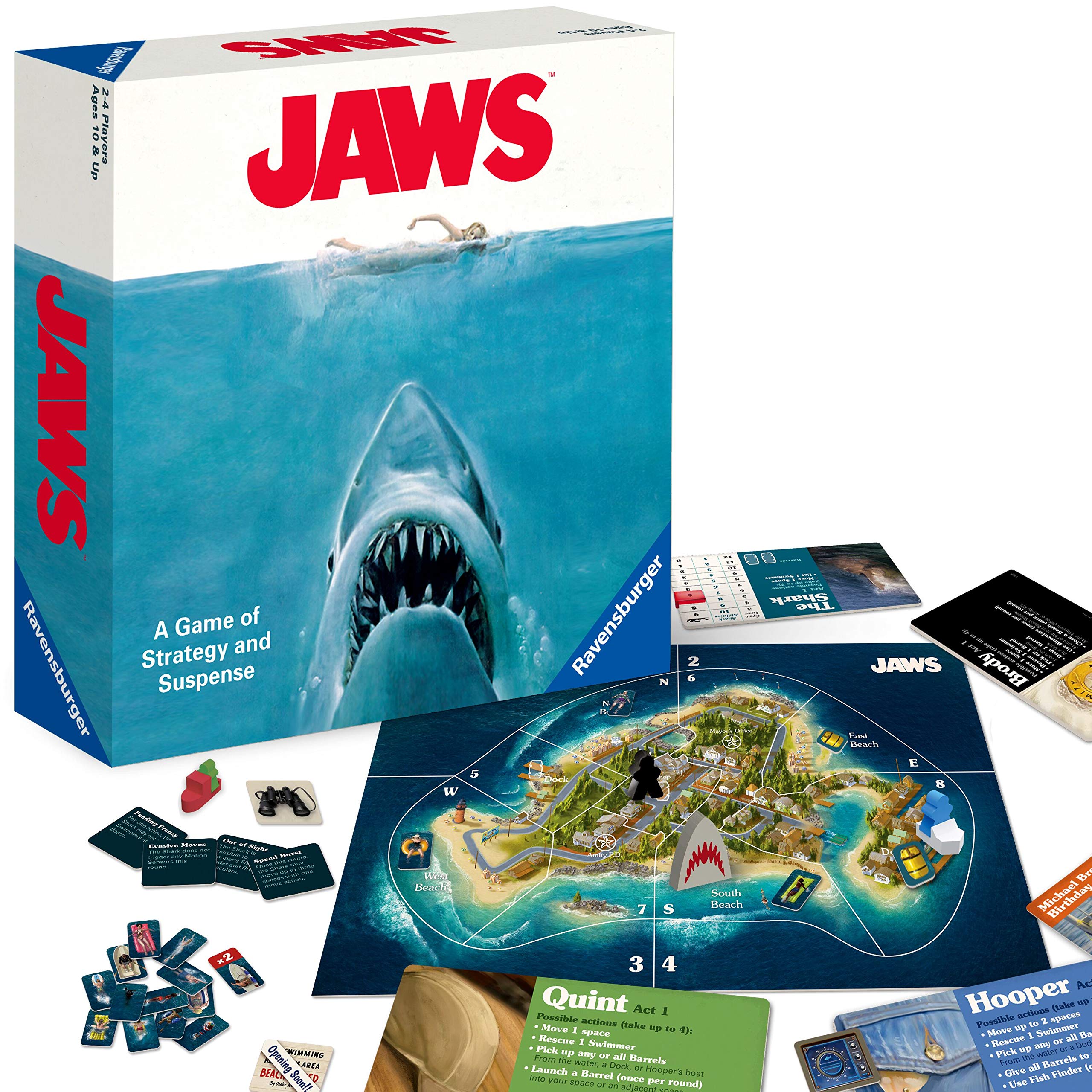 Ravensburger Jaws board game shark tokens enable tense, strategic action at the table.