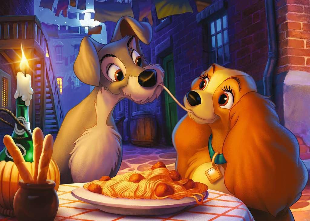 Ravensburger Lady and the Tramp puzzle with vibrant, glare-free imagery for immersive viewing