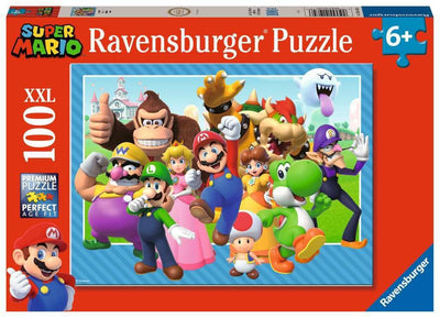 Ravensburger Lets-a-go Super Mario 100-piece puzzle cover featuring Mario and friends for family fun.