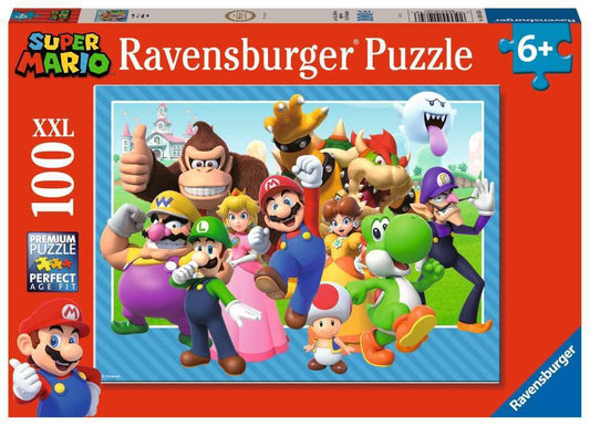 Ravensburger Lets-a-go Super Mario 100-piece puzzle cover featuring Mario and friends for family fun.