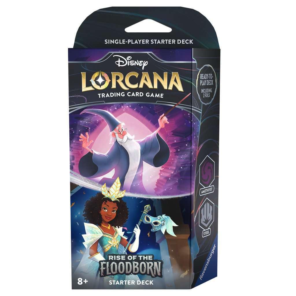 Ravensburger Lorcana Rise of the Floodborn amethyst and steel starter deck for family game night