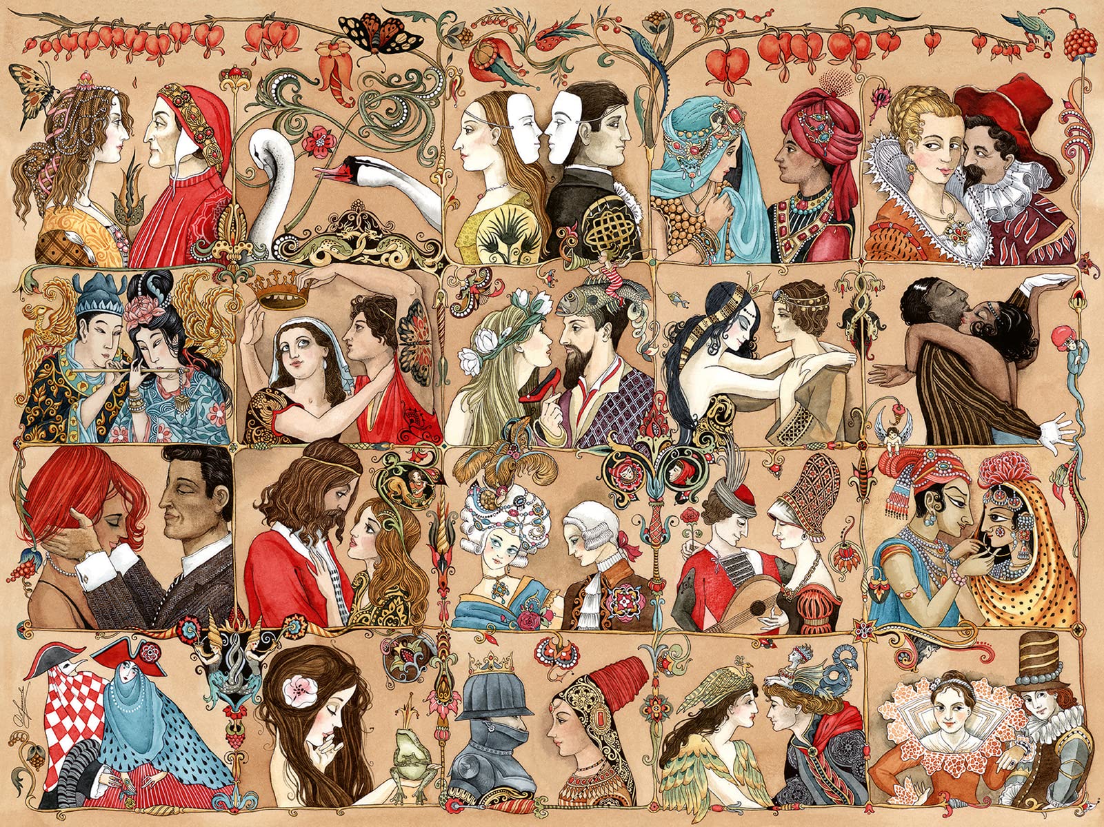 Ravensburger Love Through the Ages puzzle cover, vibrant collage for immersive puzzling.