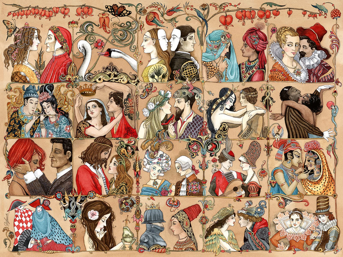 Ravensburger Love Through the Ages puzzle cover, vibrant collage for immersive puzzling.