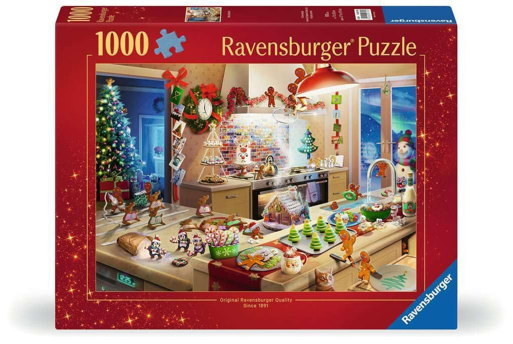 Ravensburger Merry Mischief puzzle cover showing a festive kitchen scene for family puzzle night.