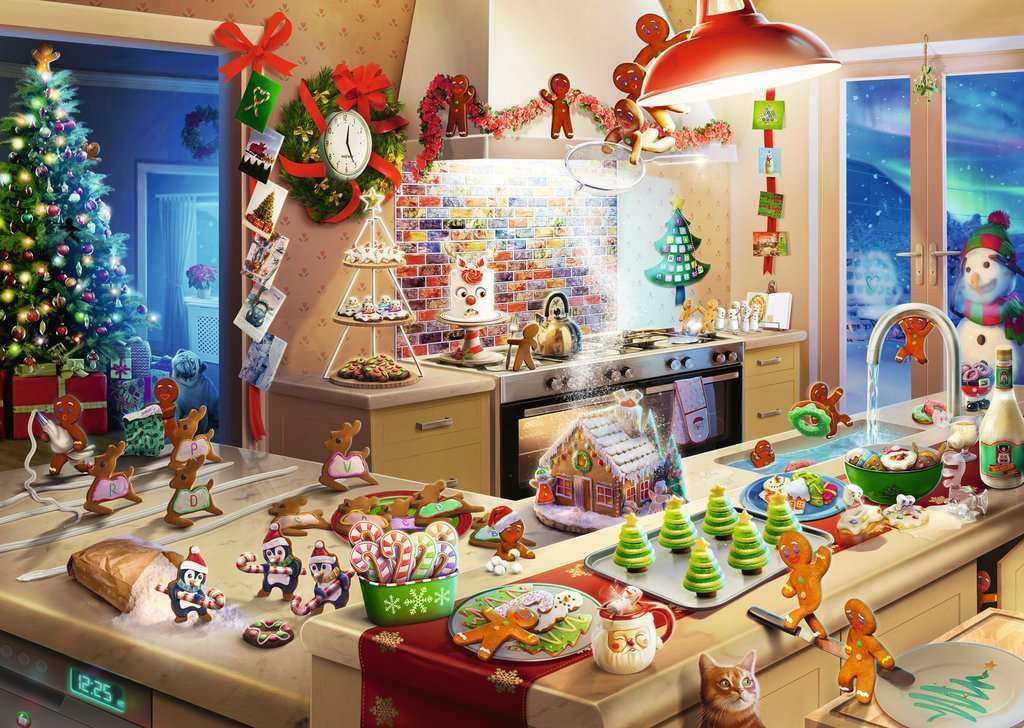 Ravensburger Merry Mischief gingerbread-men in a kitchen scene, ideal for holiday decor and brain-teasing fun.