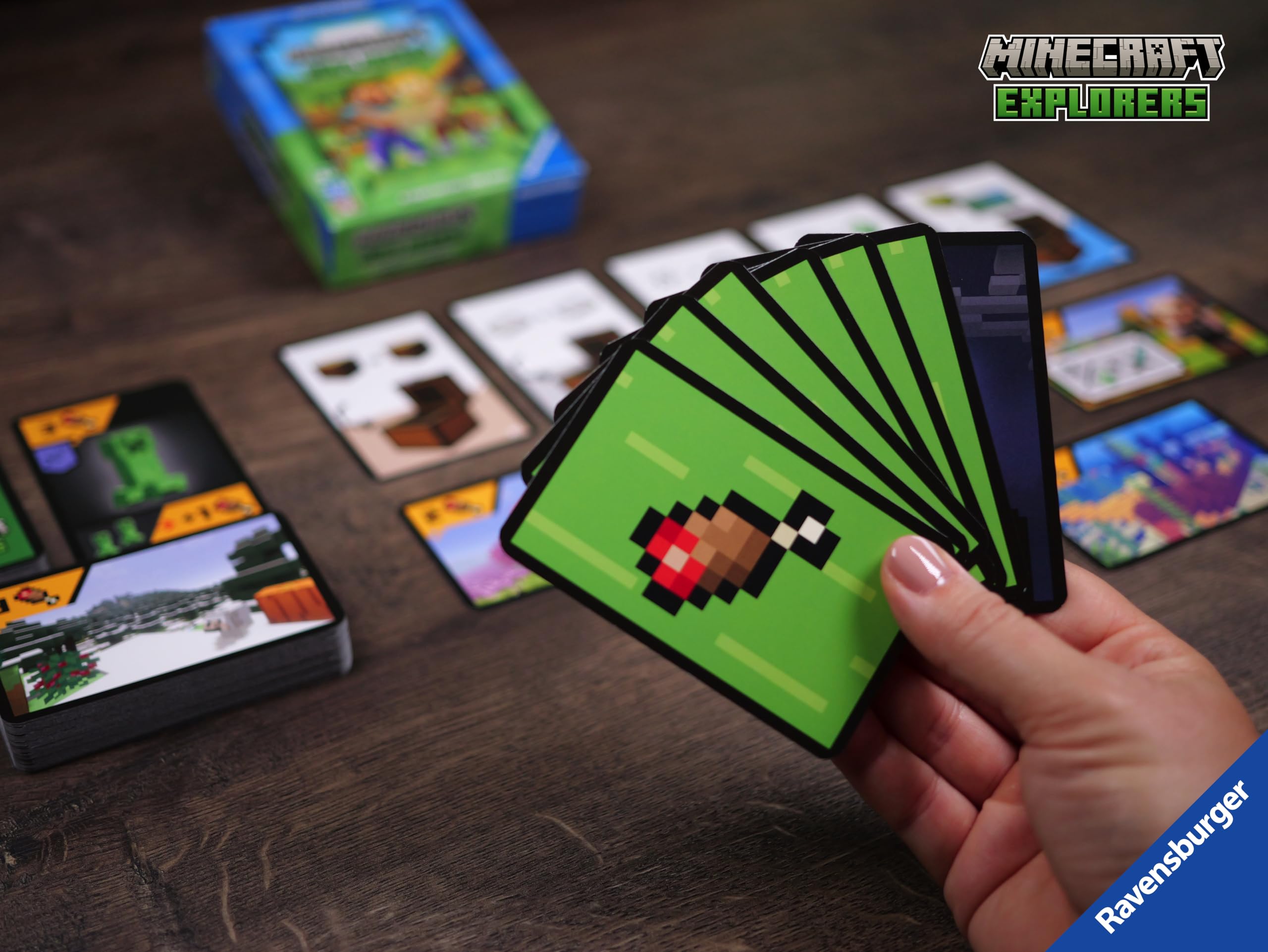 Ravensburger Minecraft Explorers decks and tokens, compact for travel.