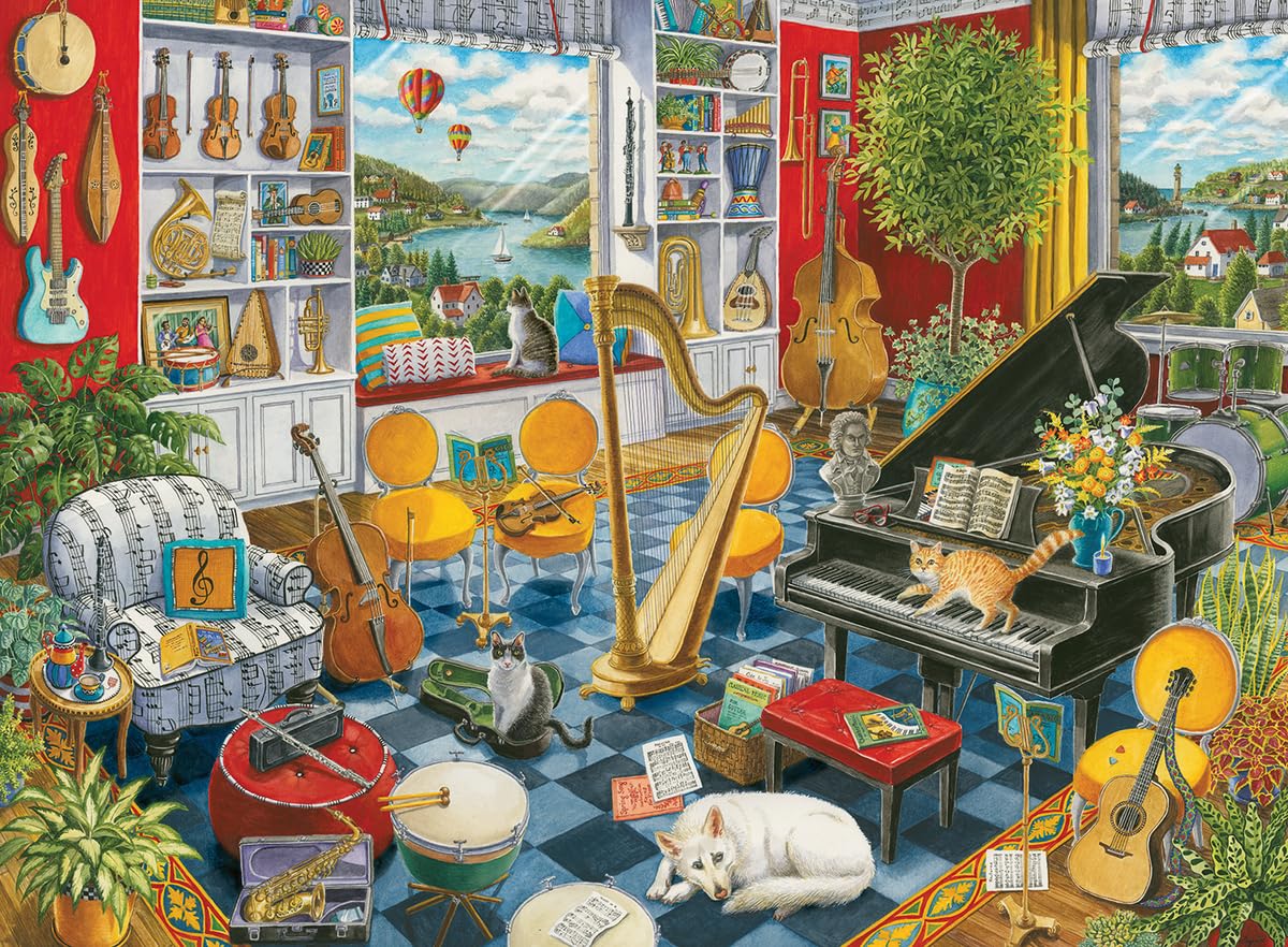 Ravensburger The Music Room puzzle cover with vibrant instruments for mindful relaxation