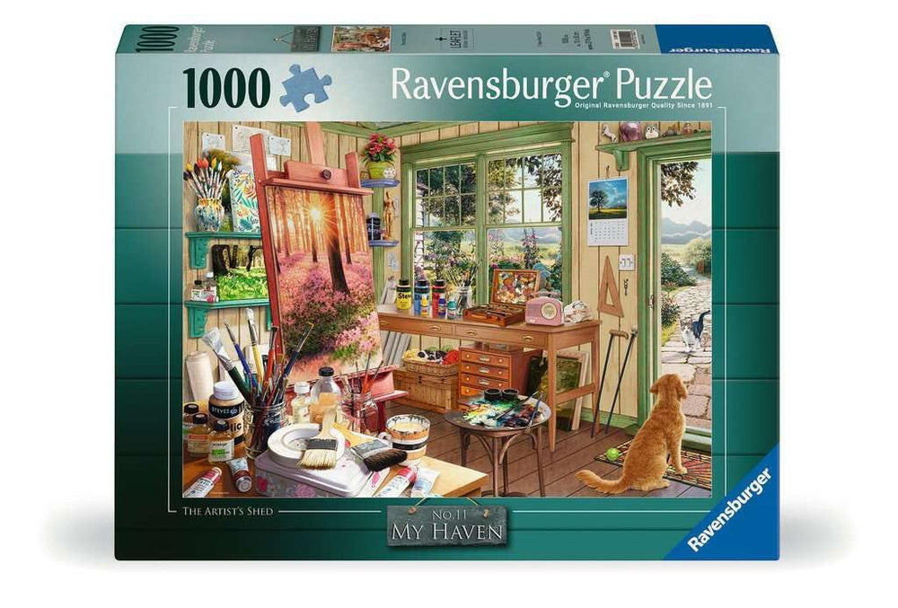 Ravensburger My Haven Artist's Shed puzzle artwork offers immersive scenery for mindful hours.